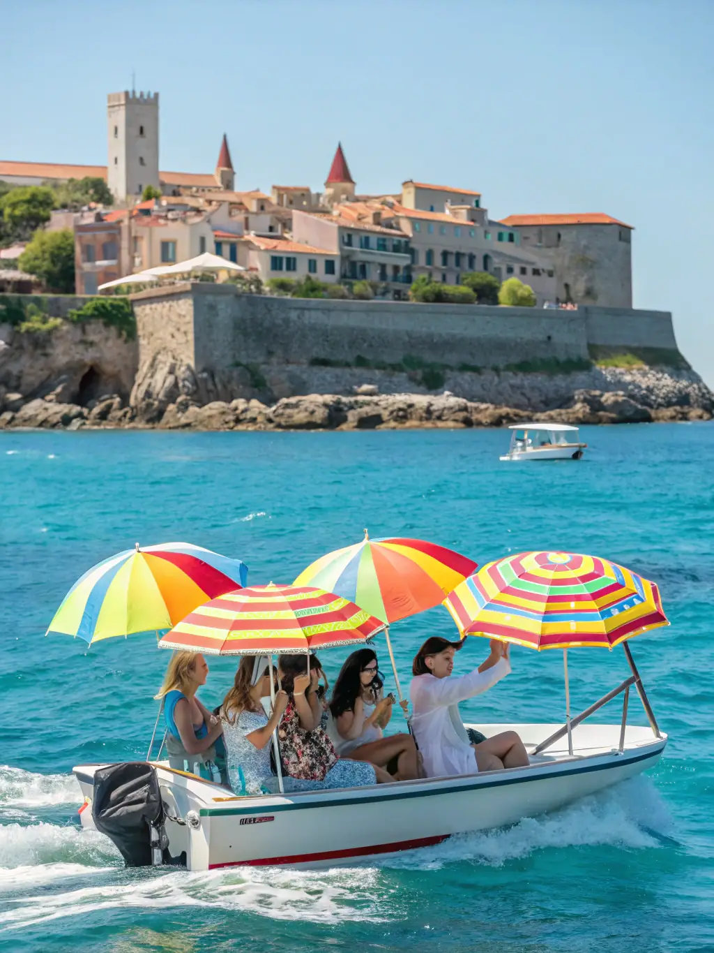 A scenic image of an educational marine tour boat, filled with smiling visitors, exploring the coastline of Côte Bleue, with a knowledgeable guide pointing out marine life.