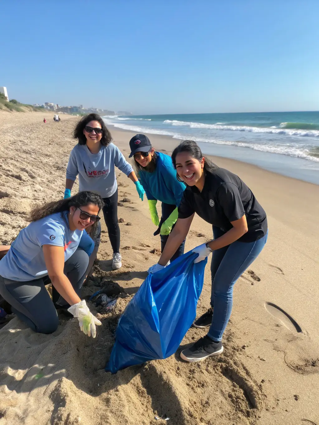 A group of volunteers cheerfully cleaning up a beach on the Côte Bleue, collecting plastic and debris, showcasing community involvement in preserving the marine environment.