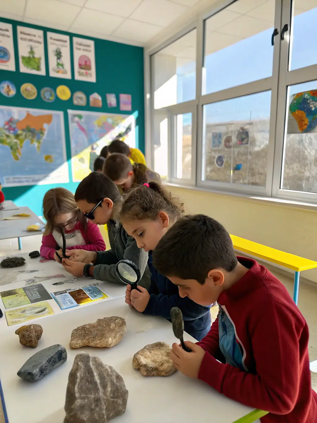 A photograph of children participating in a hands-on marine science workshop, examining specimens and learning about marine biology in an interactive setting.
