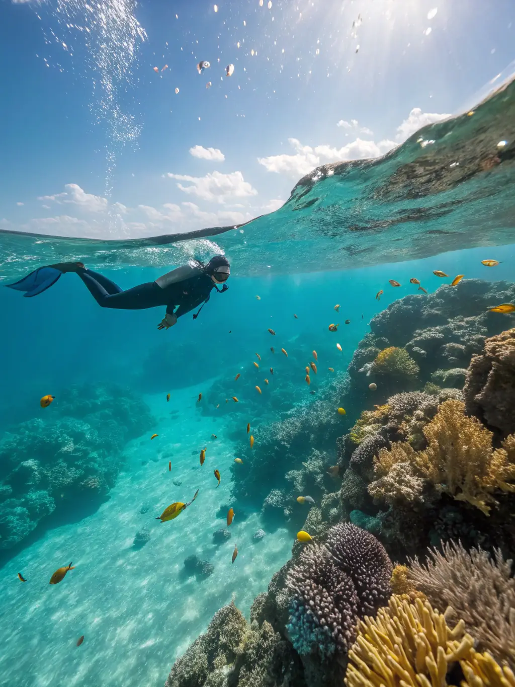 A marine biologist leading a guided snorkeling tour, pointing out different species of fish and coral to a group of participants wearing snorkeling gear in the clear waters of the marine park.