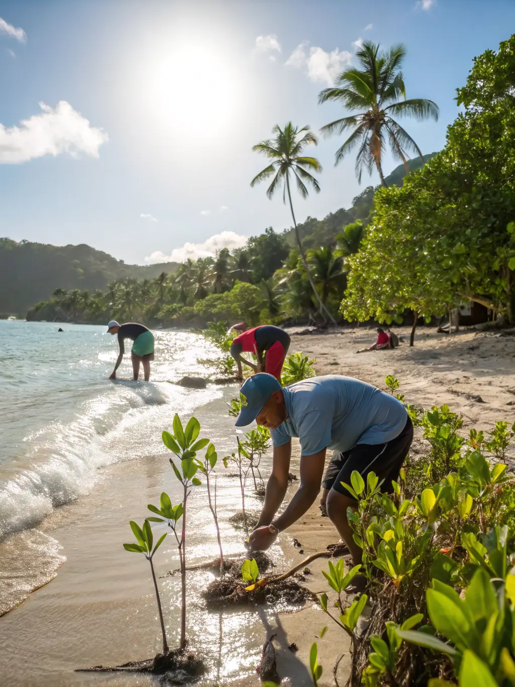 Volunteers planting seagrass in a designated area of the marine park, with park staff providing instructions and support, showcasing the restoration efforts to enhance marine biodiversity.