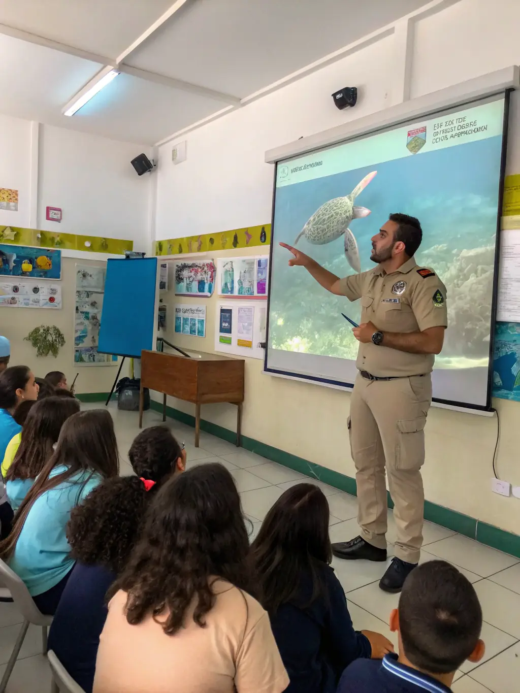 A classroom setting with a marine park educator teaching children about marine ecosystems, using interactive displays and models of marine animals, with posters of local marine life adorning the walls.